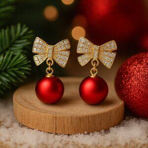 Holiday Red Ornament Bow Tie Earrings Sparkling Zircon Festive Jewelry Gift